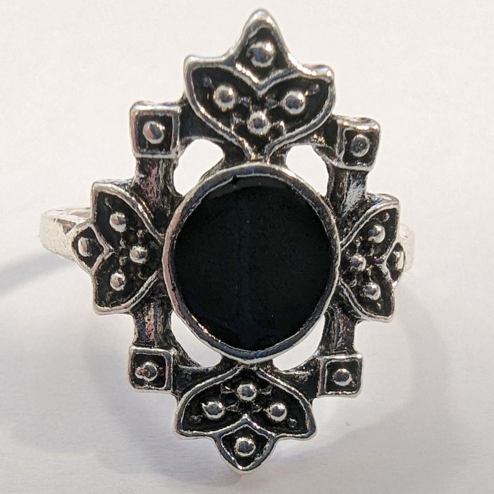 New Black Enamel Ornate‎ Ring Size 6.5 Silver Tone Chunky Jewelry Pinkie Girls